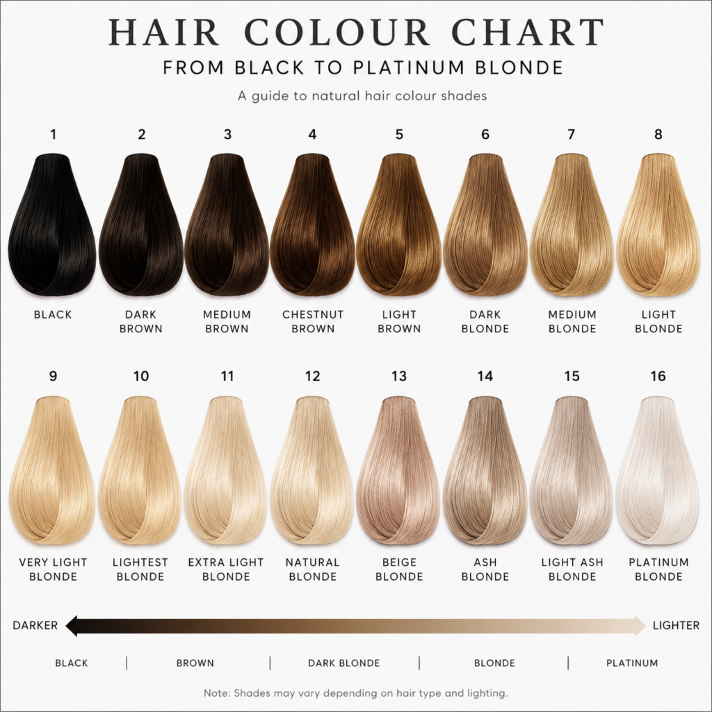 Hair colour chart showing shade swatches from black to platinum blonde