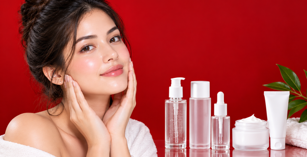 Close up of dewy, luminous glass skin complexion