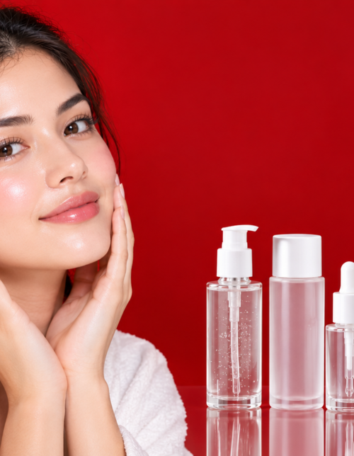 Close up of dewy, luminous glass skin complexion