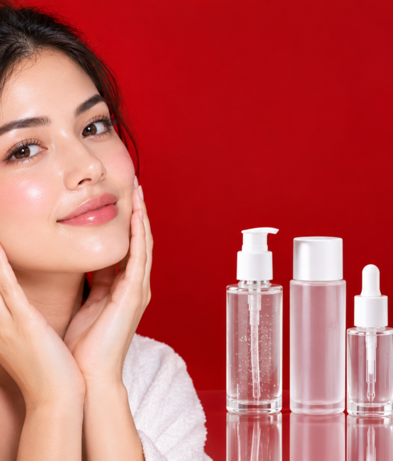 Close up of dewy, luminous glass skin complexion