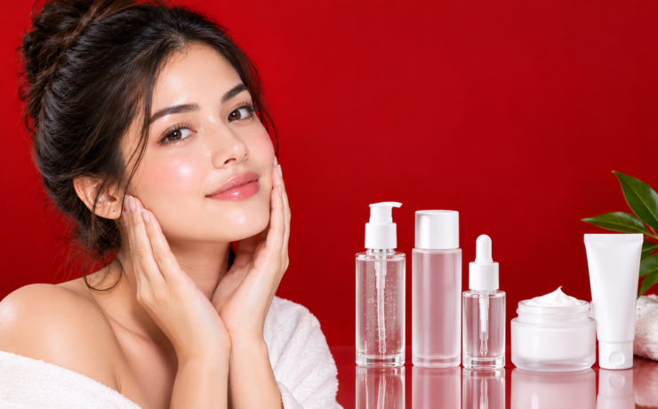 Close up of dewy, luminous glass skin complexion