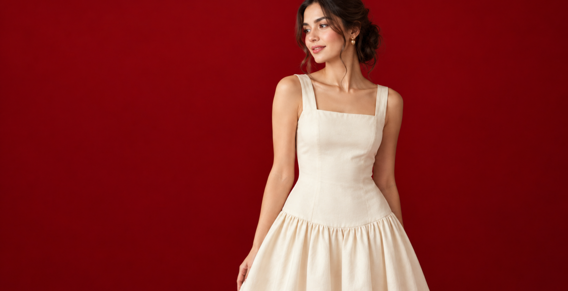 Woman wearing a drop waist dress with the seam sitting at the hip