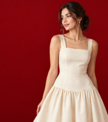 Woman wearing a drop waist dress with the seam sitting at the hip