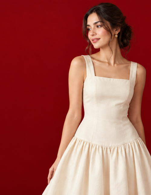 Woman wearing a drop waist dress with the seam sitting at the hip