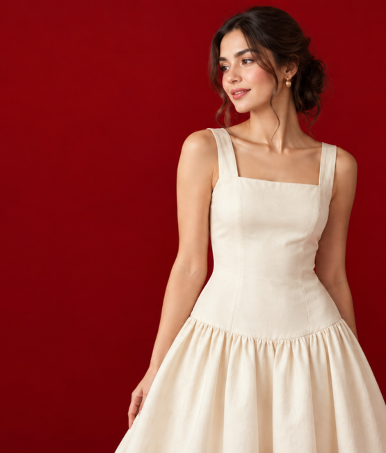 Woman wearing a drop waist dress with the seam sitting at the hip