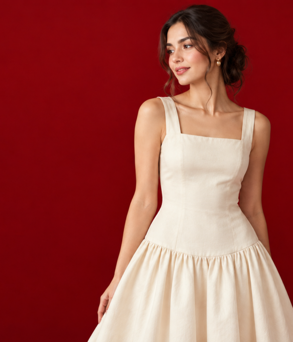 Woman wearing a drop waist dress with the seam sitting at the hip