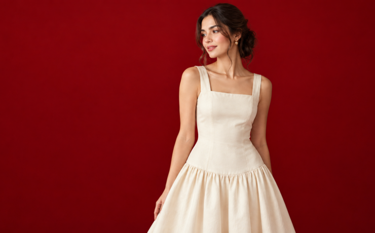 Woman wearing a drop waist dress with the seam sitting at the hip