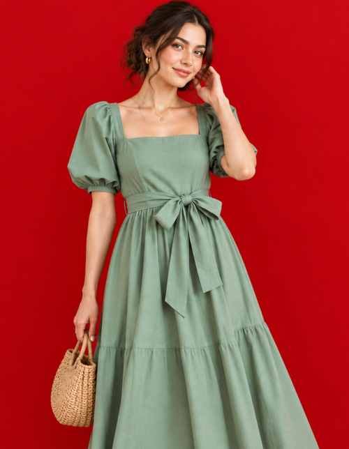 Woman wearing a tie waist dress with the sash tied in a front bow