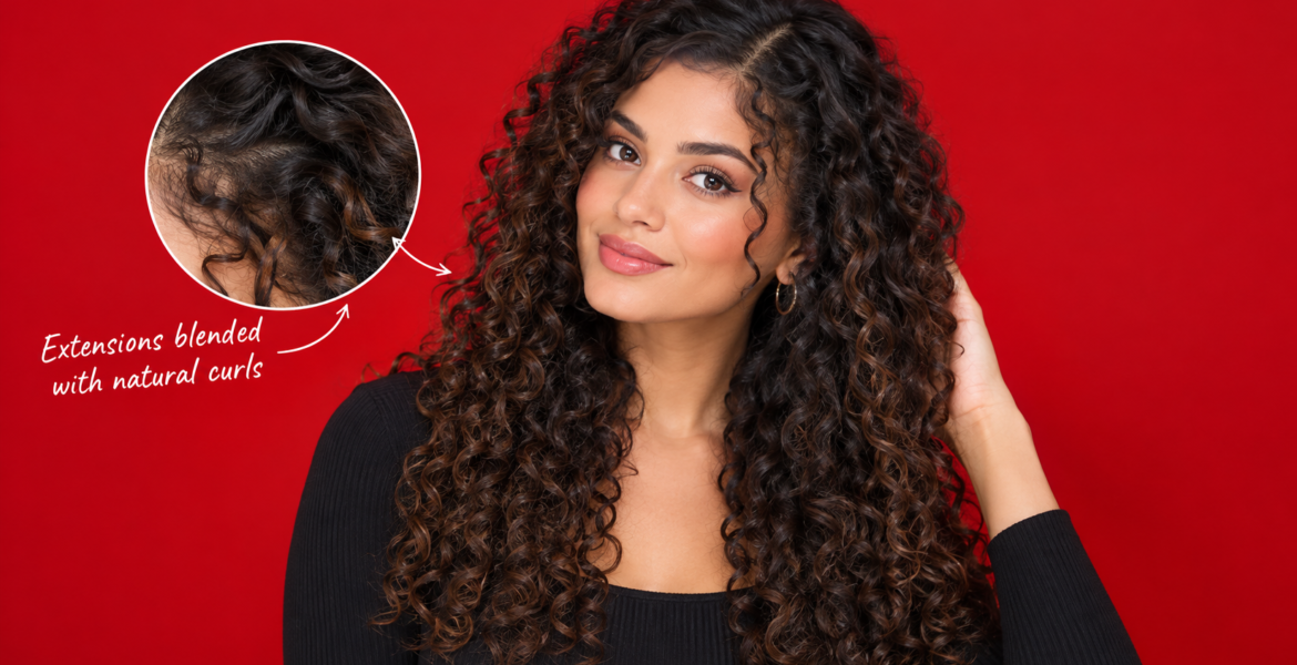 Woman with curly hair extensions blended into natural curls