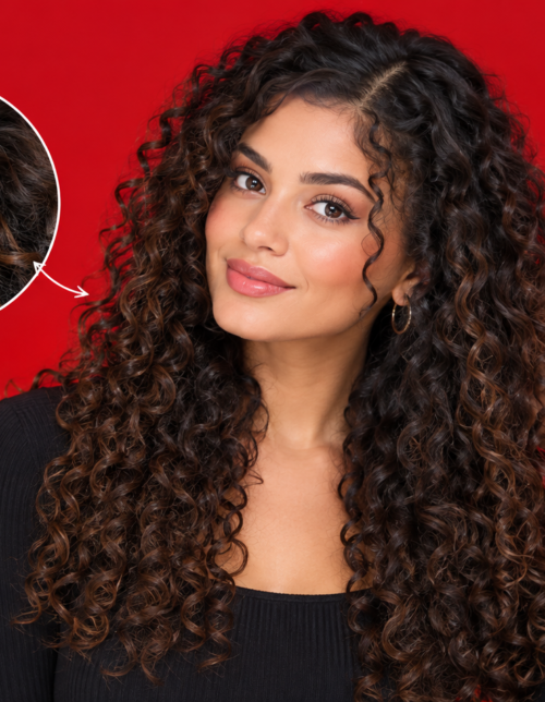 Woman with curly hair extensions blended into natural curls Woman with curly hair extensions blended into natural curls