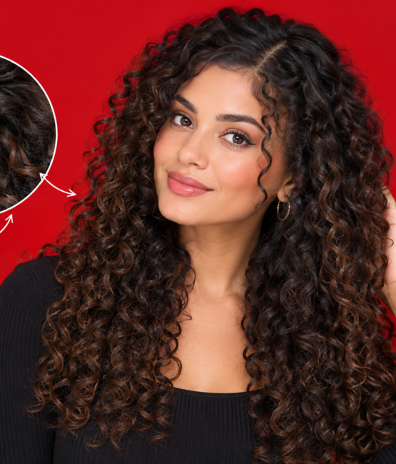 Woman with curly hair extensions blended into natural curls Woman with curly hair extensions blended into natural curls