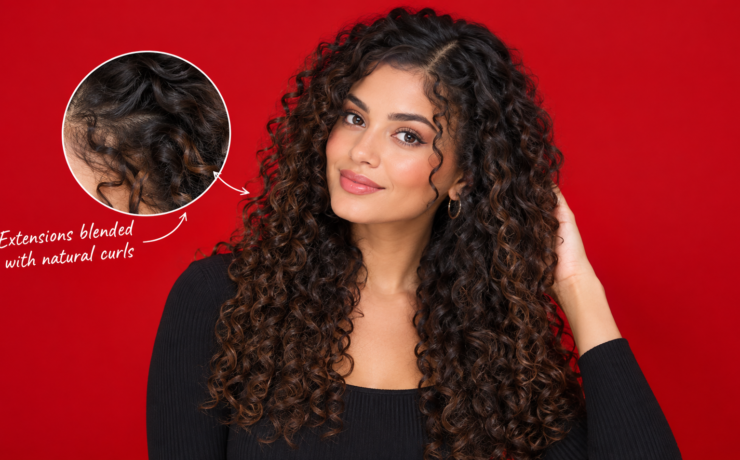 Woman with curly hair extensions blended into natural curls