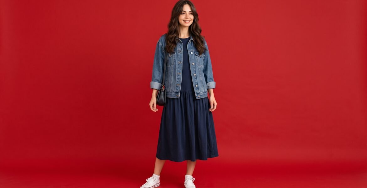 Woman wearing a drop waist dress with white trainers and a denim jacket