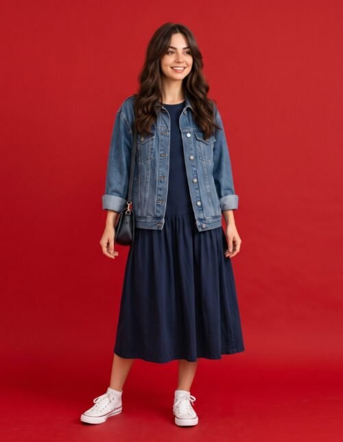 Woman wearing a drop waist dress with white trainers and a denim jacket