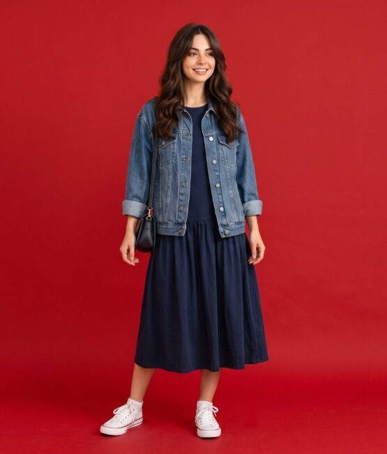 Woman wearing a drop waist dress with white trainers and a denim jacket