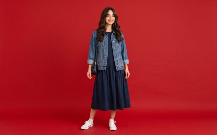 Woman wearing a drop waist dress with white trainers and a denim jacket